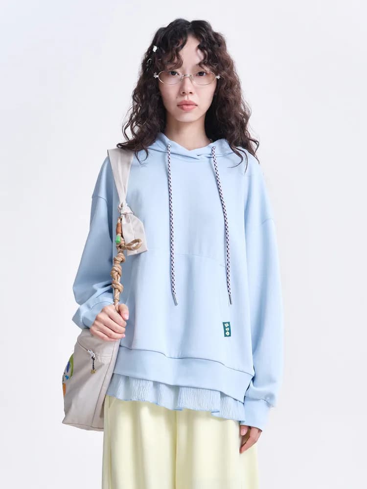 MOVEUP Pullover a Maniche Lunghe Primavera 2026 Nuovo con Cappuccio e Coulisse, Etichetta Floreale Tessuta, Top Casual Largo con Volant da Donna 3ELC10501
