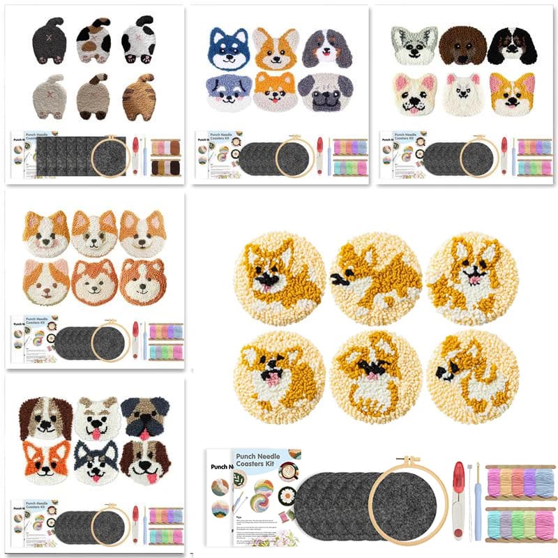 Cute Dog 6 Set Embroidery Kit Punch Needle Coaster Set Beginner Art Craft Punch Needle Supplies Tufted Coasters For Adult