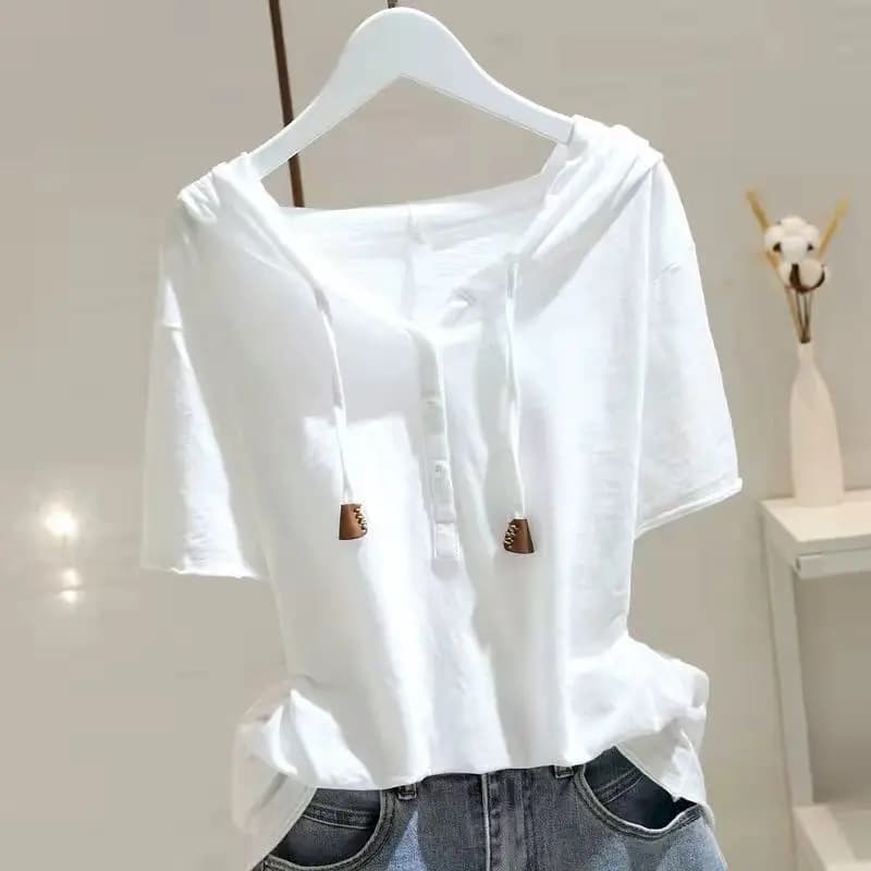 T-shirt in cotone 98% T-shirt a maniche corte con cappuccio moda donna 2025 Primavera Estate Stile coreano Allentato sottile All-match Pullover Top