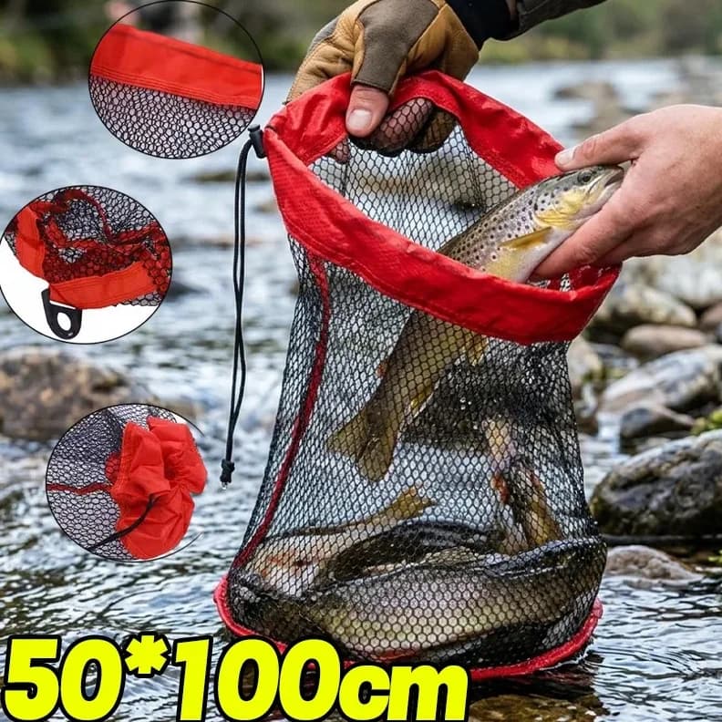 Heavy Duty Fish Holding Bag Live Fish Storage Bag Thickened Nylon Mesh Fabric Reinforced Bottom Cross Strap for Camping Outdoor