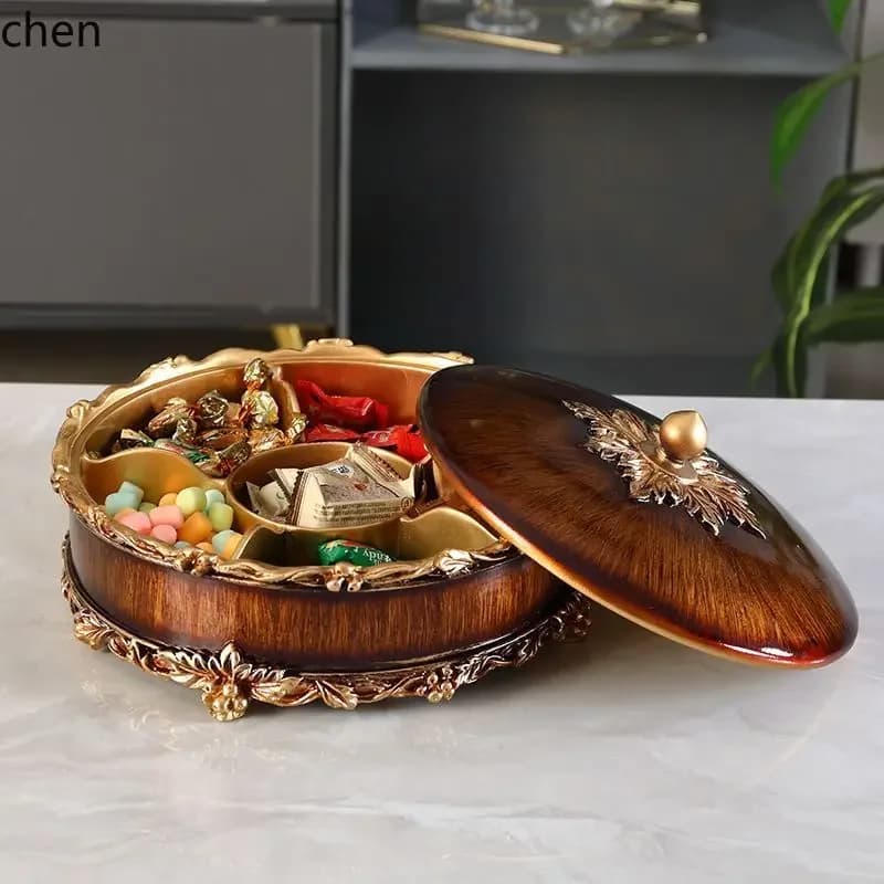 Zml ornament coffee table for homeretro wood grain dried fruit plate melon seed plate tissue box set