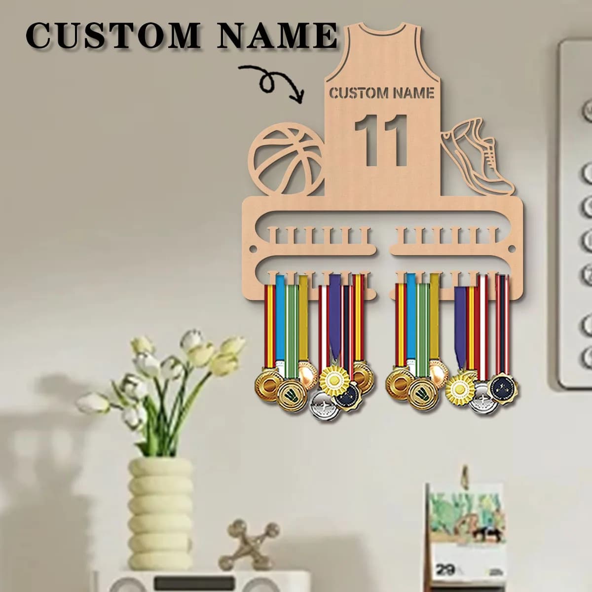 1 Pezzo Porta Medaglie Personalizzato in Legno per Basket, Espositore Personalizzato per Medaglie per Atleti, Regalo Ideale per Famiglia e Amici