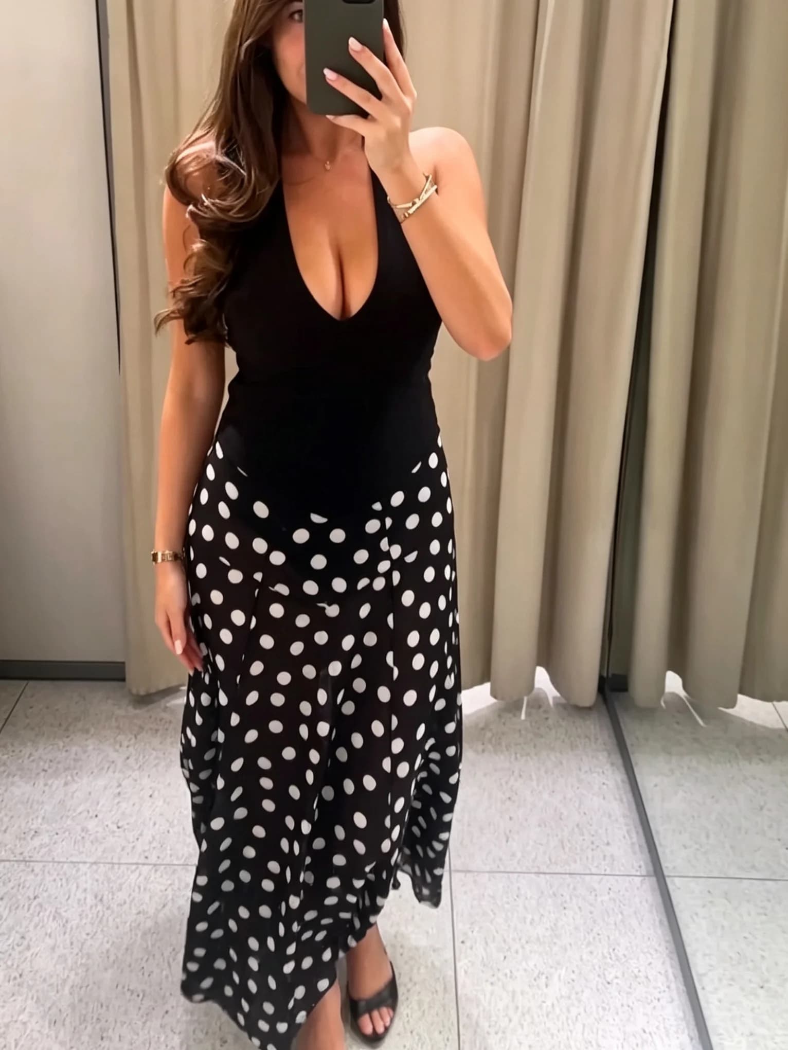WMXZ Nuovo Abito Estivo con Stampa a Pois, Scollo all'Americana, Schiena Scoperta, Vita Alta, Stile Gonna a Trapezio, Casual, in Poliestere