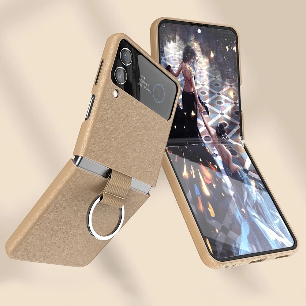 Offerta Speciale: Custodia per Telefono in Vera Pelle Bovina per Samsung Galaxy Z Flip 3 Flip3 con Anello e Cordino, Antiurto, Cover Posteriore Separata