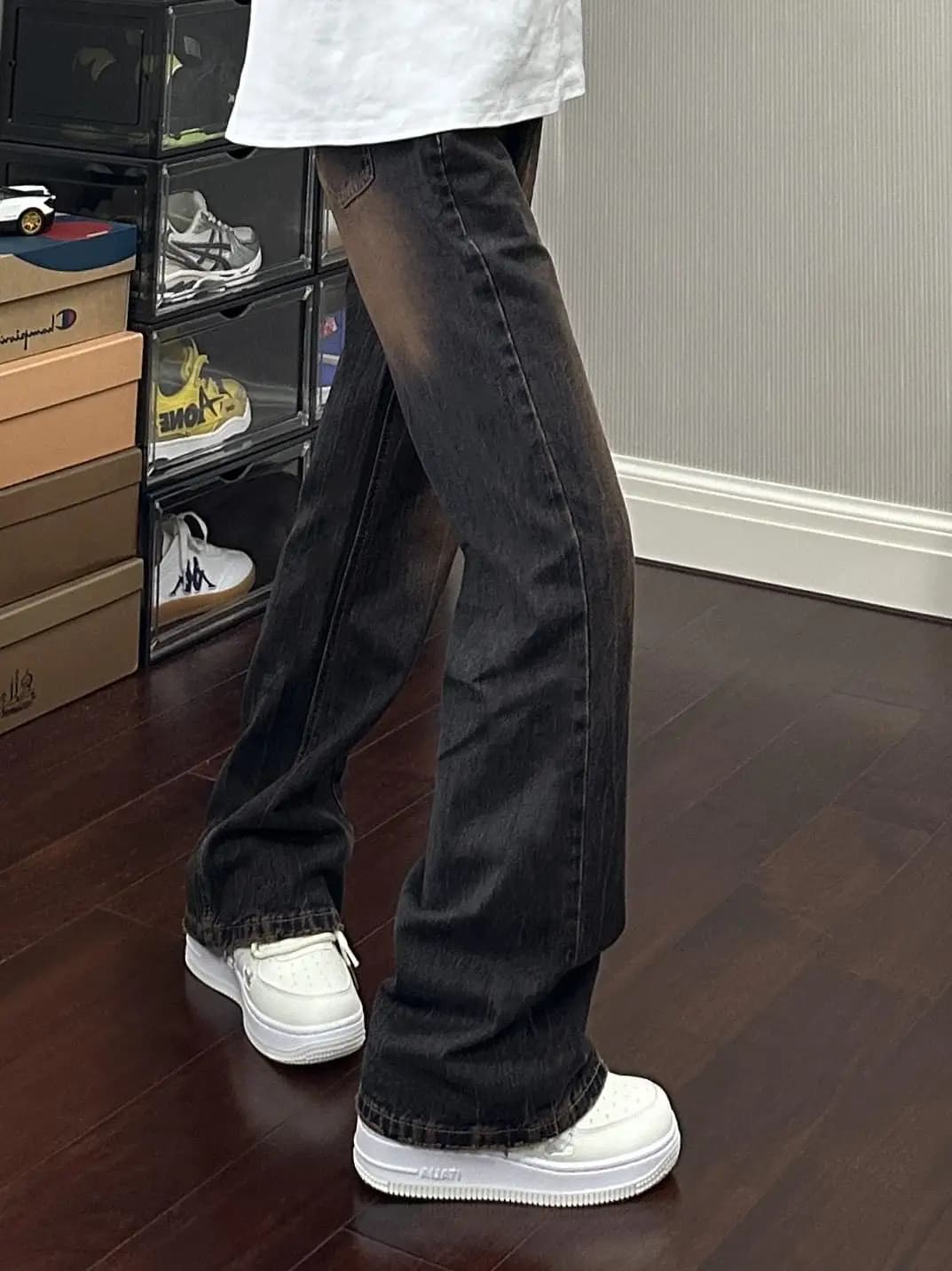 Retro Waed Fce Lined Men's Denim Jeans Fall Winter American Vibe Knife Flared Long Pants Straight Leg Trousers