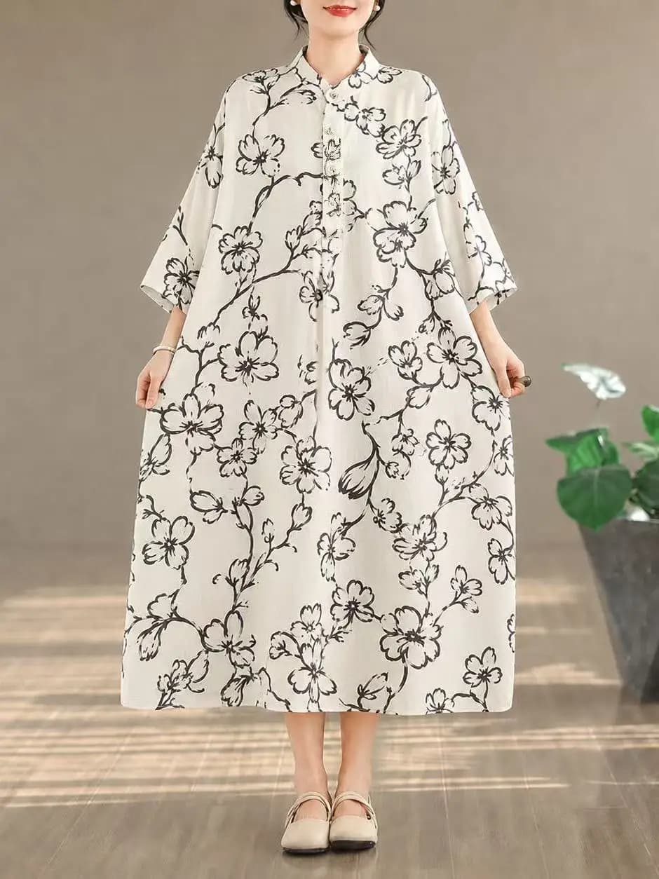 Artistic Vintage Cotton Linen Print Dress Stand Collar Loose Extra Long plus Size Robe Casual H-Shape Thin Medium Sleeve