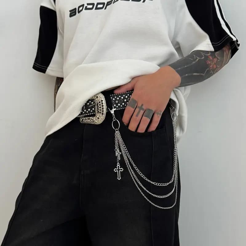 Punk Jeans Pants Wallet Chain Belt with Cross Charm; Stylish Multi Layer Chain Harajuku Belt for Hip Hop Dancers.