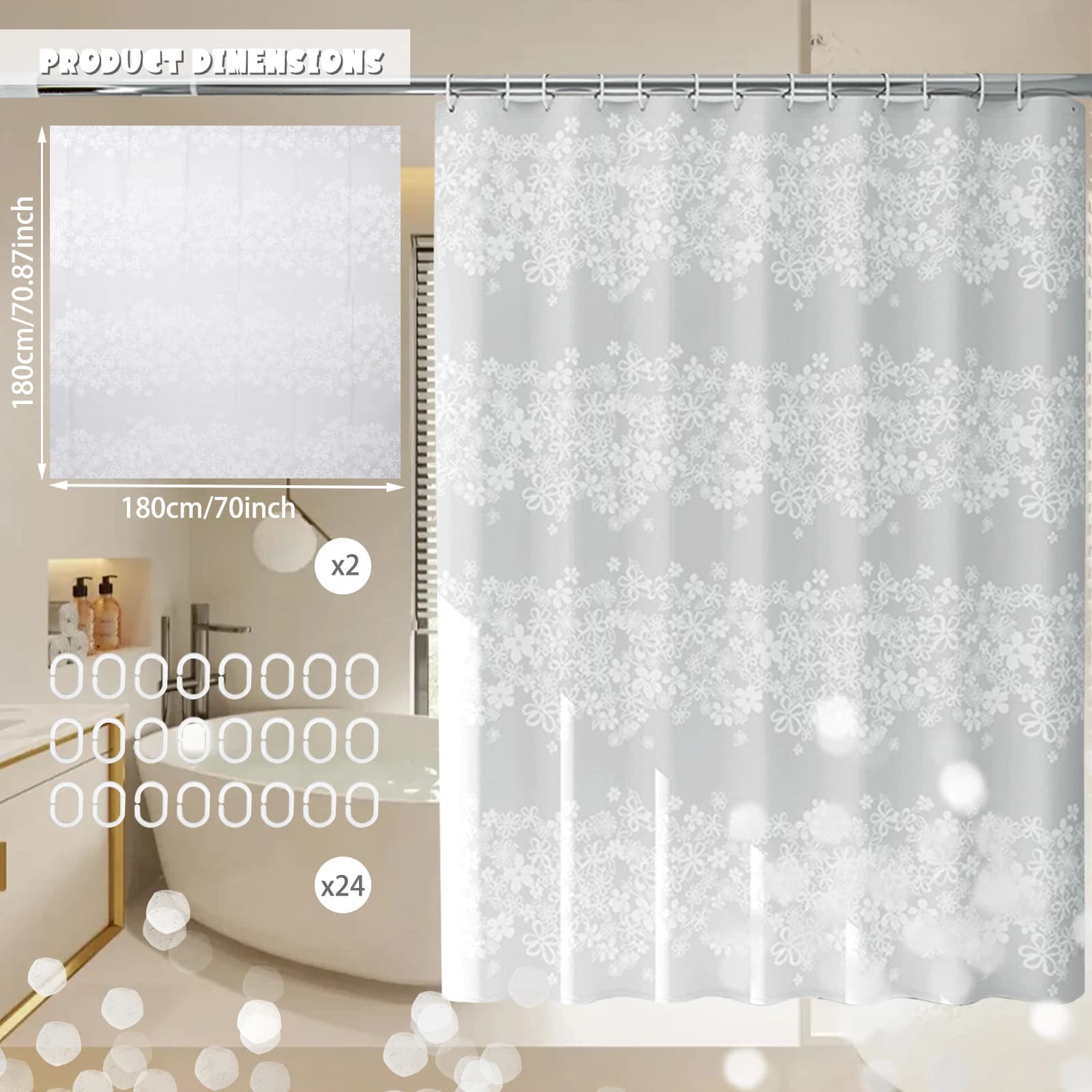 2 Pezzi Teli Doccia in Plastica EVA Impermeabili con Occhielli e Ganci per Bagno di Casa, Hotel, Dormitorio 180x180cm
