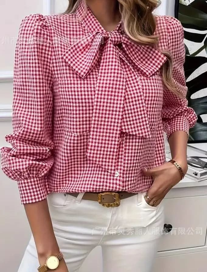 Camicia da donna con stampa scozzese casual primaverile Moda autunnale Papillon con lacci Top a maniche lunghe Camicette eleganti con colletto impilato da donna
