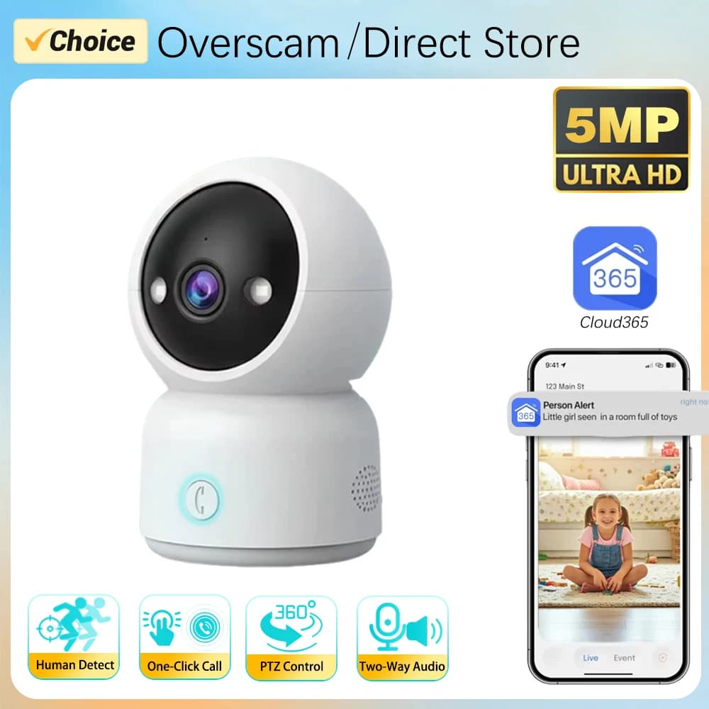 Cloud365 Telecamera PTZ Wireless con Chiamata a un Clic, Monitor per Bambini da Interno, Tracciamento Automatico, Casa Intelligente 360° ° Telecamere di Sorveglianza con Controllo PTZ