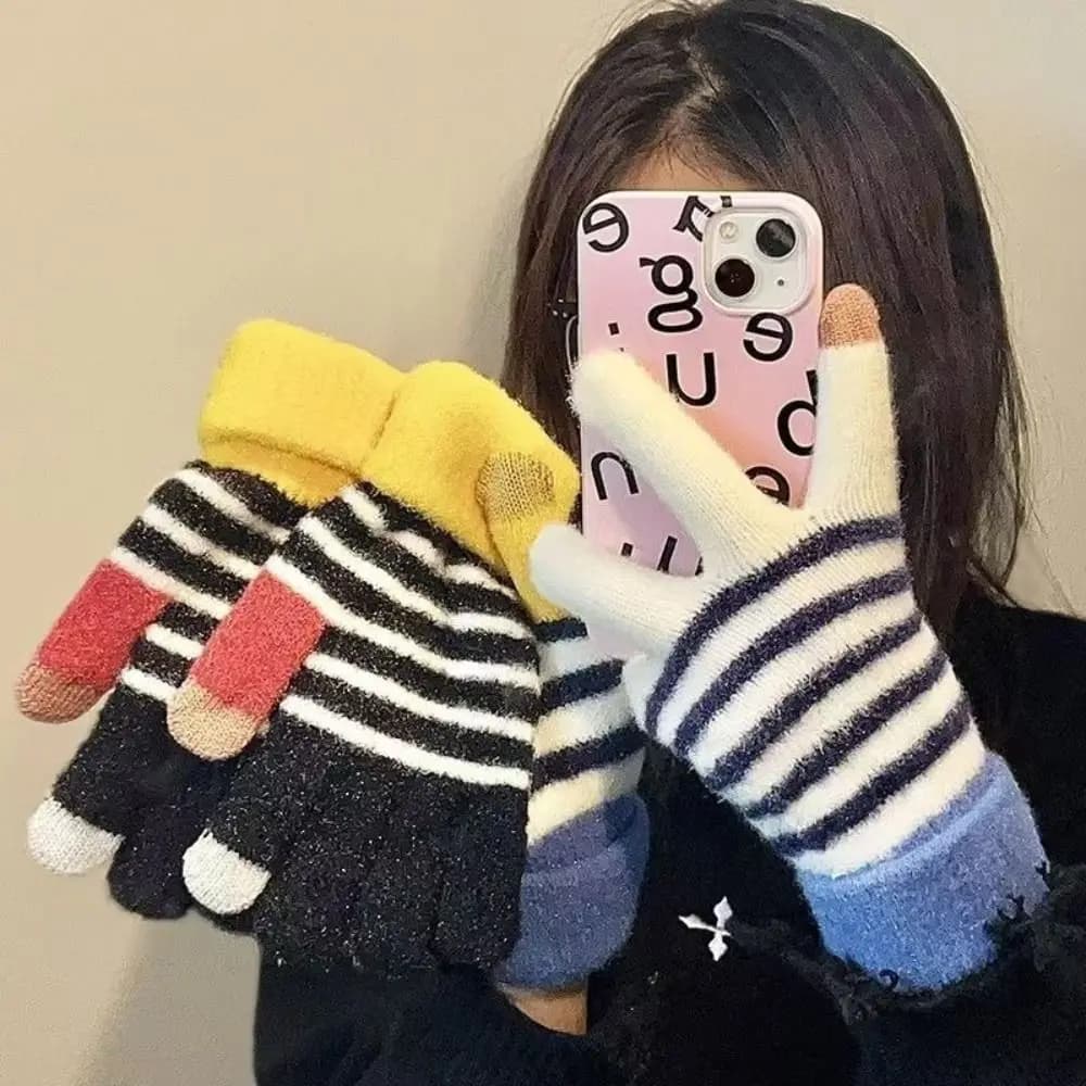 Fashion Touchscreen-enabled Knitted Gloves Thickened Full Fingers Gloves Stripe Windproof Gloves Winter Warm