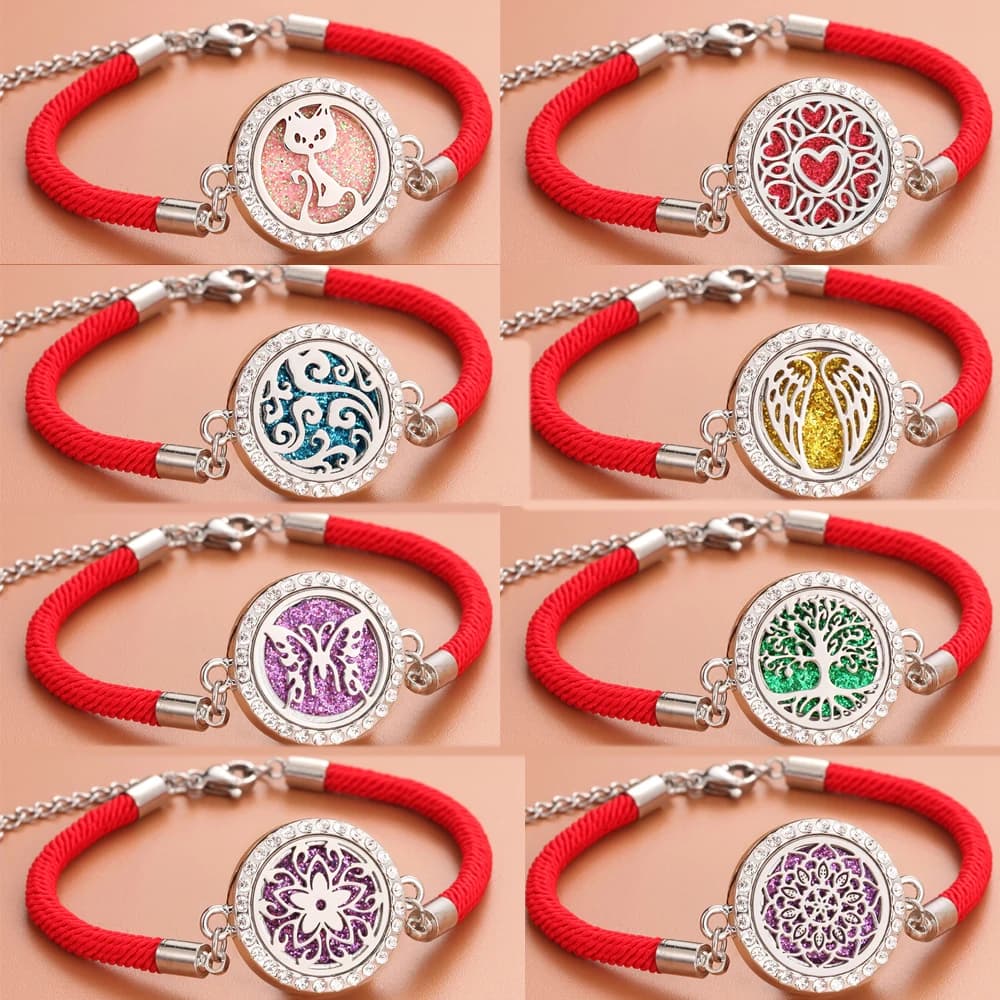 Bracciale diffusore per aromaterapia con strass Corda rossa Corda intrecciata Profumo Diffusore di oli essenziali Braccialetti con medaglione di profumo con zirconi