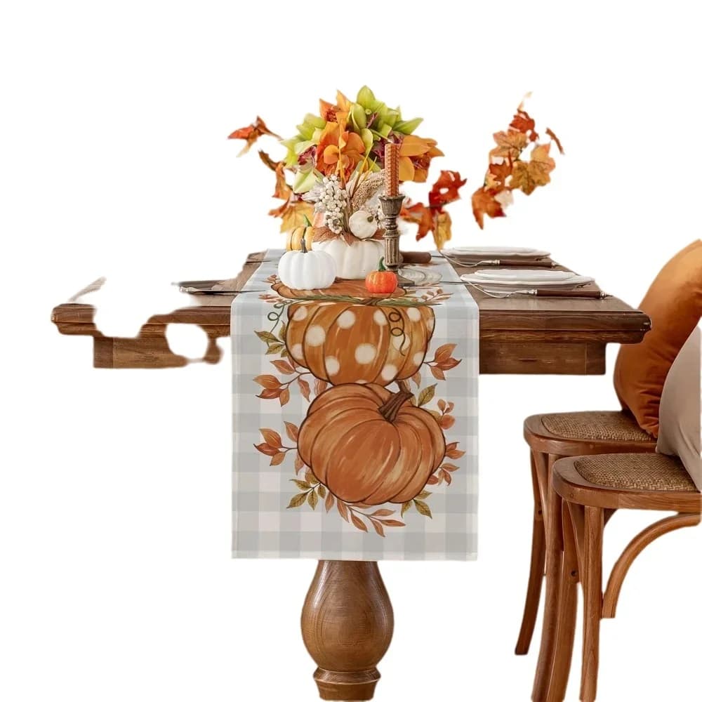 Fall Pumpkin Table Runner Rustic Farmhouse Watercolor Print - Thanksgiving Autumn Home Kitchen Dining Decorative Table Linen