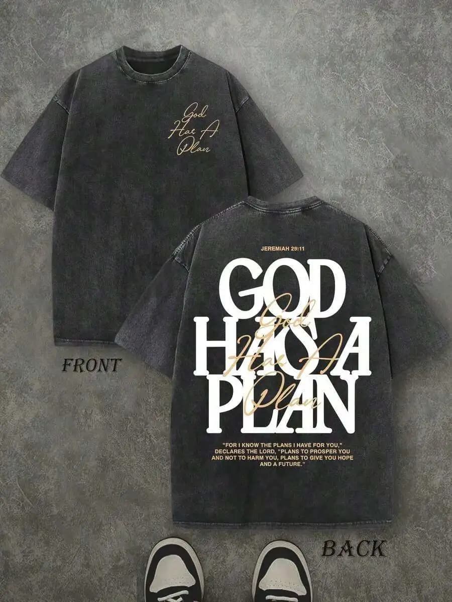Retro Washed Wide Shoulder T-Shirt God Has A Plan Double Sided Print Cotton Tee