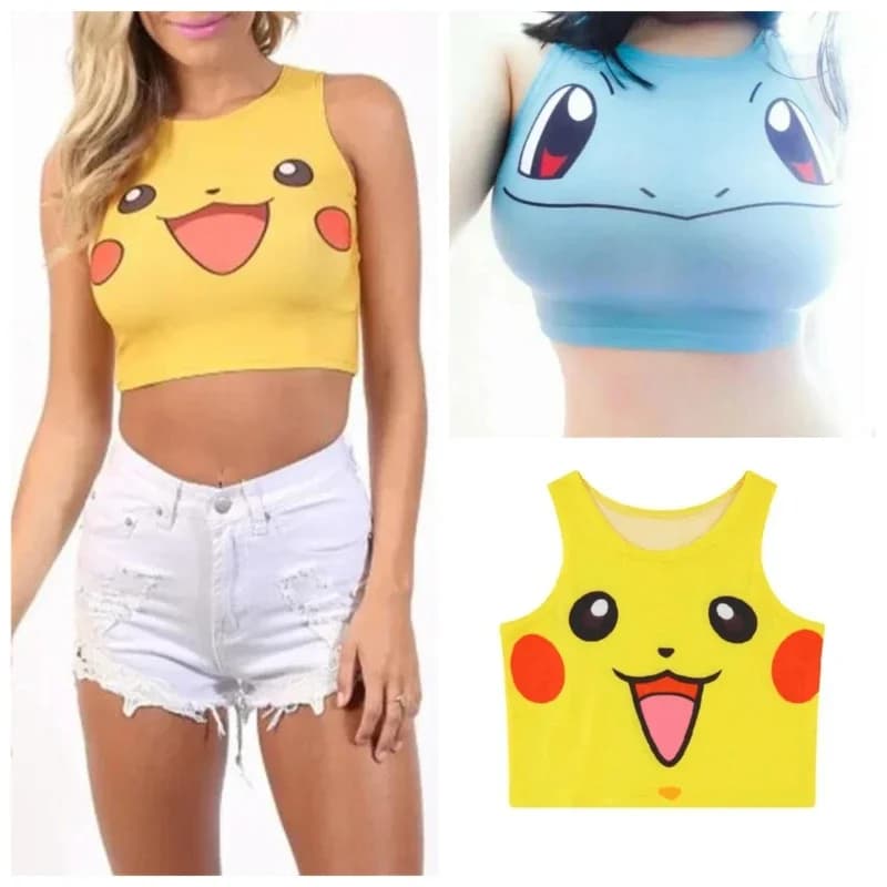 Anime Pikachus Figure Kawaii Summer Cosplay Costume Crop Tops Shirt Print Tank Tops Colorful Sleeveless Tee Vest Gifts Figure