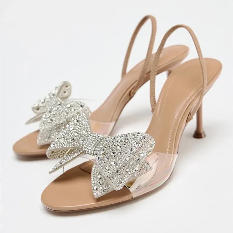 Sandals with heel signed with bow in luxurious glitter rhinestones Sandals with summer high heel with open tip and back strap Elegant wedding shoes for parties
