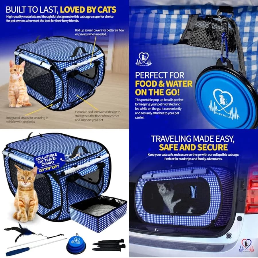 Trasportino Extra Large per Gatti da Viaggio - Cuccia Pieghevole e Portatile con Lettiera, Giocattolo con Piume e Ciotola per Acqua/Cibo