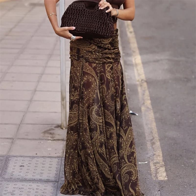 Women's skirts printed with big sexy hem Long skirt in contrast patchwork vintage empire female skirt 2025 Autumn Lady Streetwear