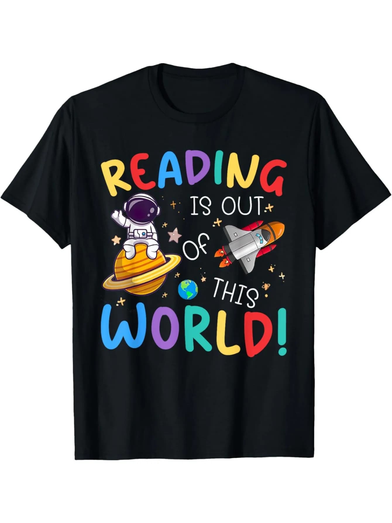 Funny Men's Black Graphic T-Shirt Reading Is Out of This World Astronaut Saturn Rocket Earth Colorful Letter Print 100% Cotton Heavyweight Short Sleeve Casual Streetwear Tee