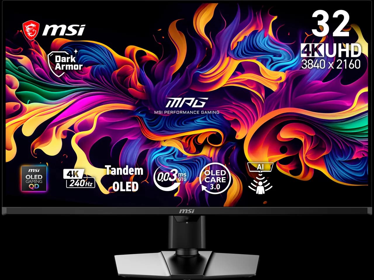 MSI 32 inch UHD 4K 240Hz Adaptive Sync HDR500 OLED Gaming Computer Monitor with Height Adjustable, Pivot, Swivel & Tilt Stand MPG 322UR QD-OLED X24