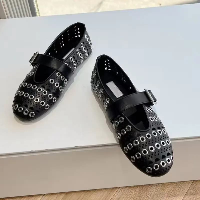 Nuove Scarpe Mary Jane con Fondo Piatto e Borchie Traforate in Pelle, Modello Ballerina con Punta Aperta per Primavera ed Estate