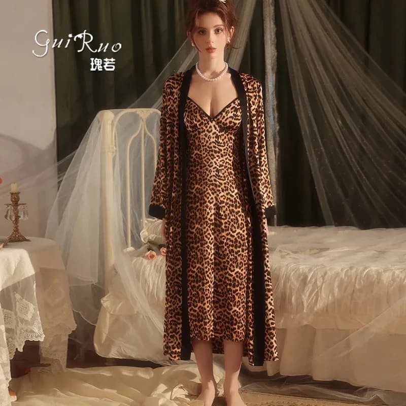 Set 2 Pezzi Donna: Vestaglia e Camicia da Notte in Raso Kimono, Lingerie Primaverile Estiva, Abito da Casa, Abbigliamento da Notte e Loungewear d'4o