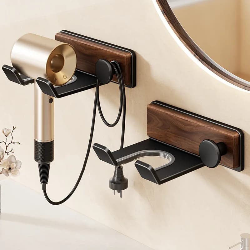 Walnut Wood Hair Dryer Holder – No-Drill Wall Mount Rack for Bathroom, Aluminum Storage Organizer for Hair Dryer