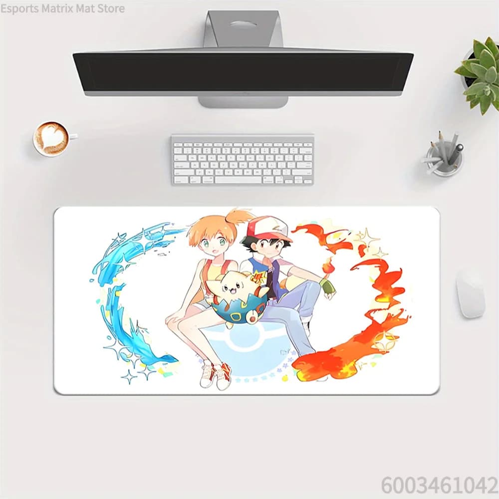 Tappetino per Mouse da Gioco Esteso con Scena degli Elementi Acqua e Fuoco di Pokemon Ash Misty Togepi, Grande Tappetino da Scrivania