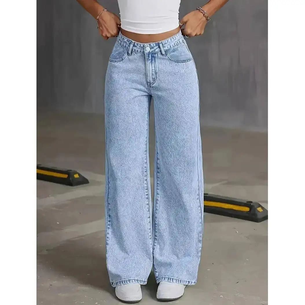 Jeans Casual a Gamba Larga da Donna, Taglie Forti, Lavaggio Chiaro, Stile Urbano, 100% Cotone, Apertura Laterale con Cerniera