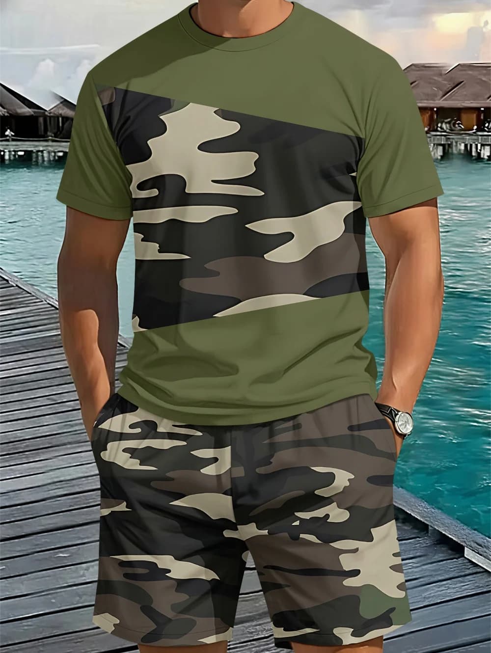 Summer Vintage Men's Fashion Two-Piece Set 3D Camouflage Print Short-Sleeve T-Shirt and Drawstring Shorts Set Men's Fitness Set