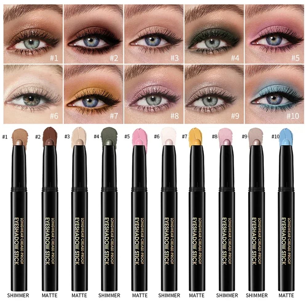 Eyeshadow Stick 10 Colors Shimmer And Matte Brown Metallic Cream Eyeshadow Pencil Crayon with Smudge-proof & Waterproof Makeup