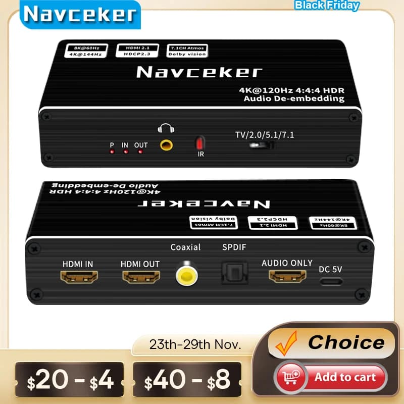 Navceker 8K 60Hz Audio extractor HDMI 4K 120Hz RGB 4:4:4 HDMI 2.1 Audio splitter converter 7.1 Atmos De-embed for PS5 XBox
