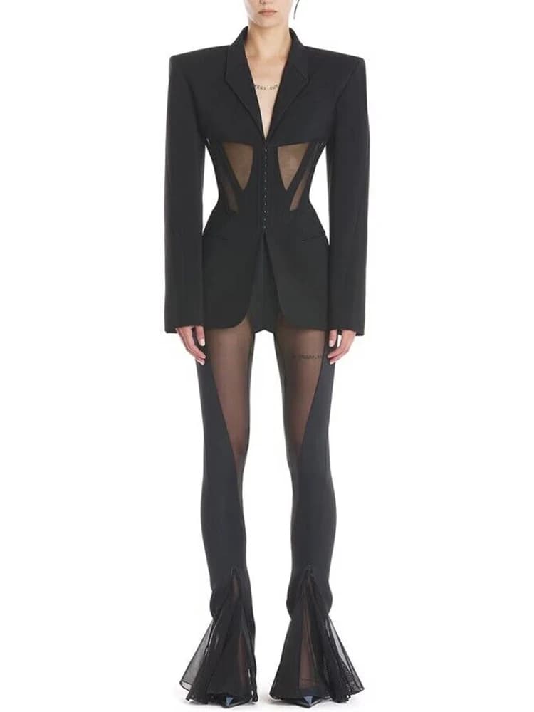 HIGH STREET Newest 2026 Designer Blazer Suit Women's Perspective Gauze Patchwork Blazer Pencil Pants