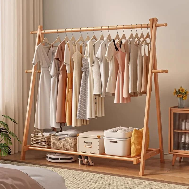 Solid Wood Coat Rack Household Hanger Floor-to-ceiling Bedroom Balcony Drying Clothes Storage Rack Hanging Bag Rack premium