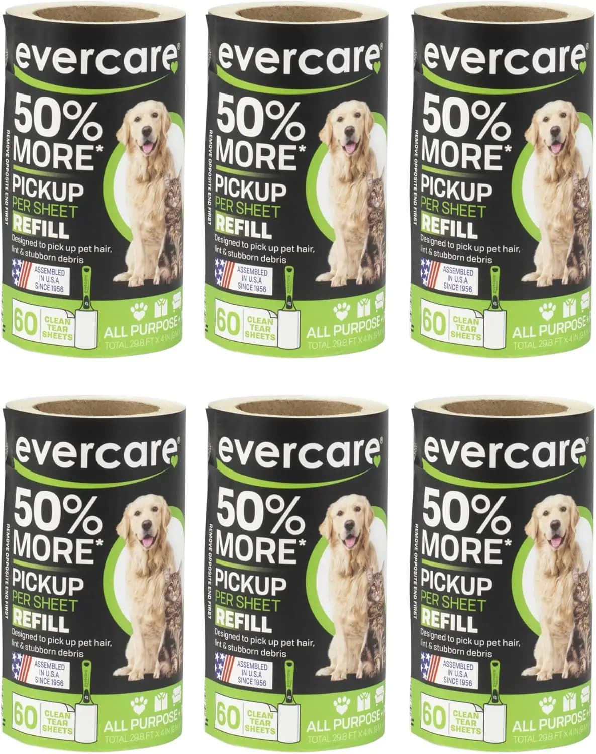 Rullo Levapelucchi per Animali Domestici, 6 Rotoli, 60 Fogli Ciascuno, Funzionamento Manuale, Verde, per Rimozione Peli di Animali