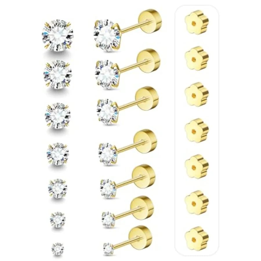 Flat Back Stud Earrings for Women Men Hypoallergenic 14K Plated Surgical Steel Stack Cartilage Earrings for Multiple Piercing S