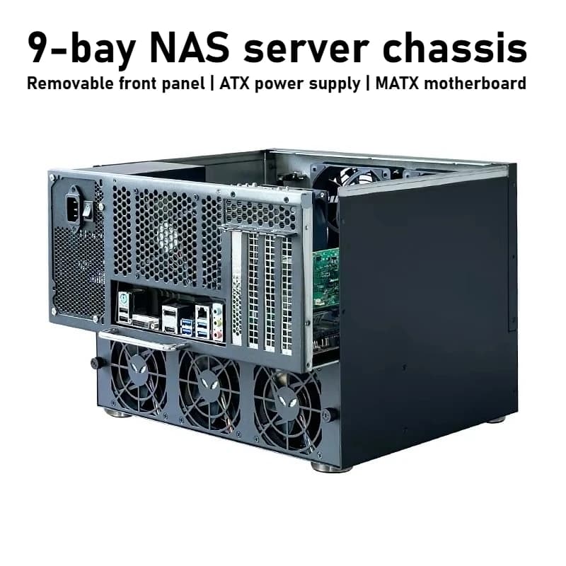 Telaio per server di archiviazione (NAS) collegato alla rete a 9 alloggiamenti Mini ITX ATX Tower Ventola di raffreddamento per case del computer Rack per PC desktop a 9 alloggiamenti