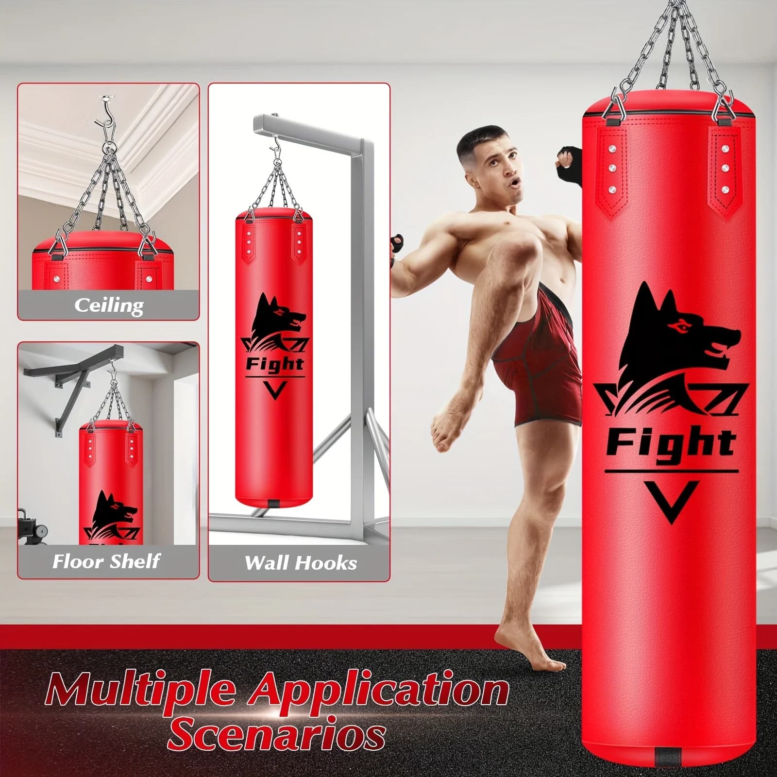 Sacco da Boxe Sospeso, Attrezzatura per Allenamento Boxe in Pelle PU Super Resistente con Guanti MMA da 12OZ, Sacco da Kickboxing Non Imbottito