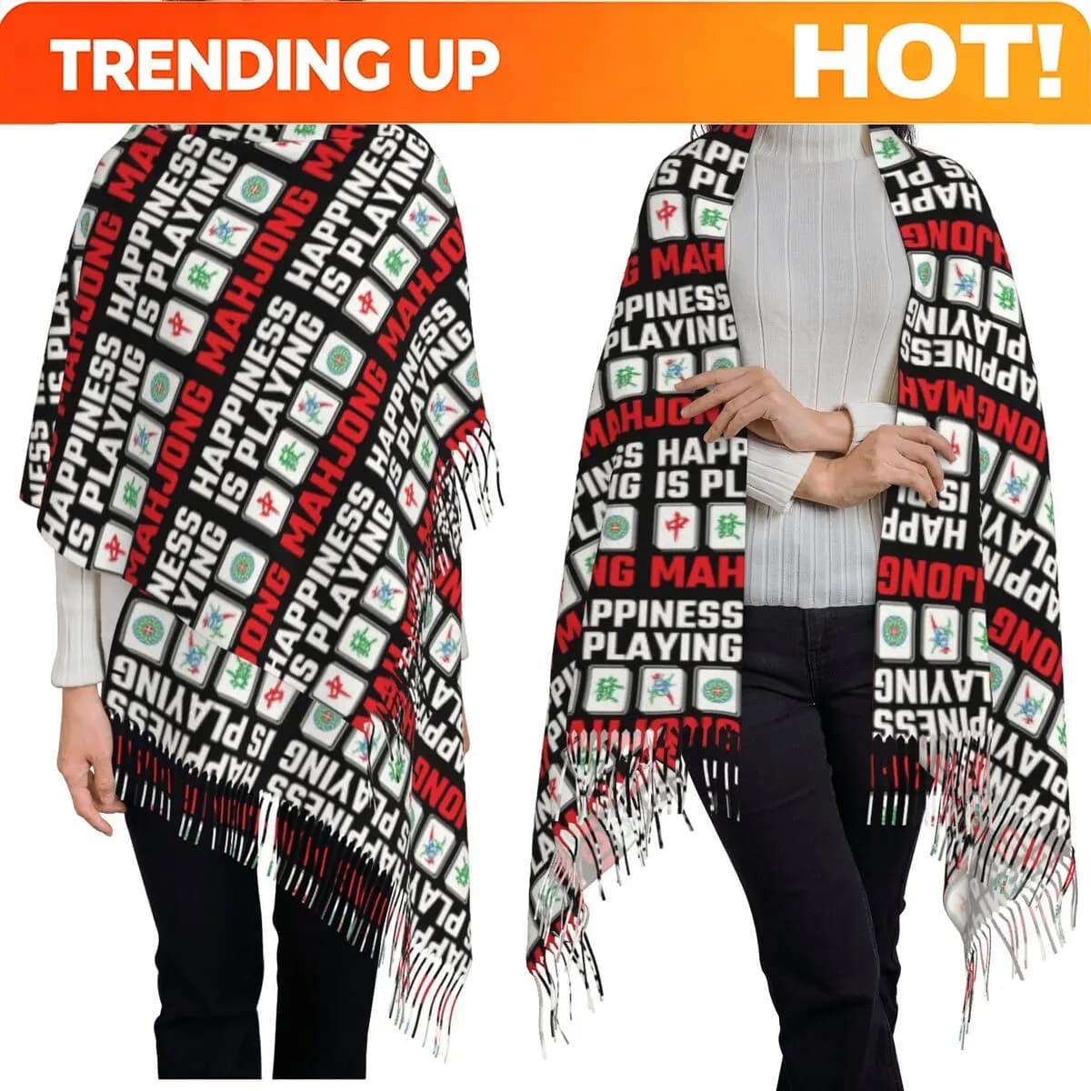 Customization Happiness Is Playing Mahjong Tiles Party Game Scarf Tassel Scarves For Women Soft Shawls And Wraps Long Fall Winte