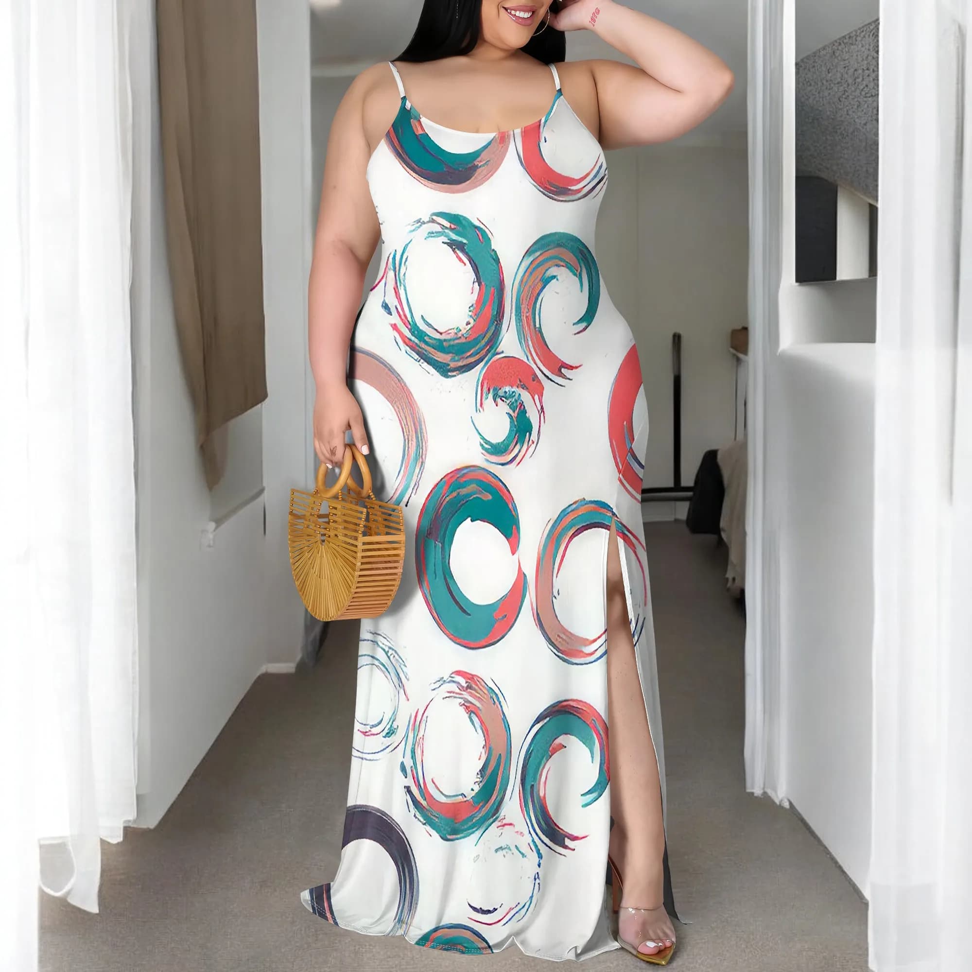 Abito casual da donna taglie forti per donna Abito maxi con stampa a righe larghe con scollo all'americana stampato in 3D sexy