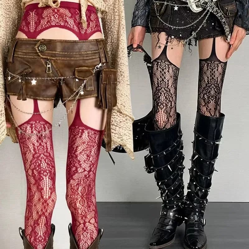 Retro Jacquard Sexy Mesh Socks with Hollowed Out Suspender Open Cut Black Silk Fishing Net Socks Pantyhose Thin JK Stockings