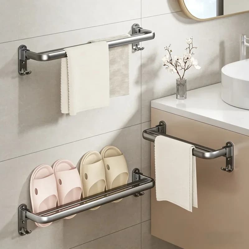 Portasciugamani Pieghevole a Doppia Asta - Barra Portasciugamani da Parete in Alluminio Senza Foratura per Bagno e Toilette Salvaspazio