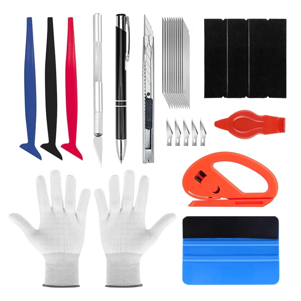 Kit Installazione Pellicole Auto: Strumenti Professionali per Applicazione Vinile, Spatole, Penne, Guanti e Coltelli (15-29 Pezzi)