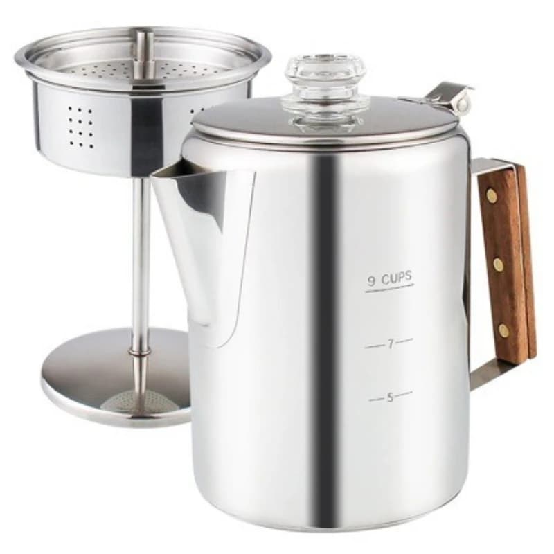 6-Cup 9-Cup 12-Cup Stainless Steel Coffee Percolator Comfort Grip Wooden Handle Coffee Pot Portable Camping Home Stovetop
