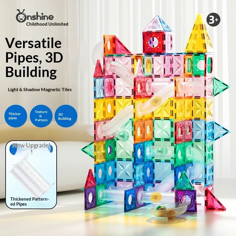 Onshine Magnetic Tiles Marble Run Transparent Thickened Patterned Pipe Color Window Building Blocks Educational Assembly Toy