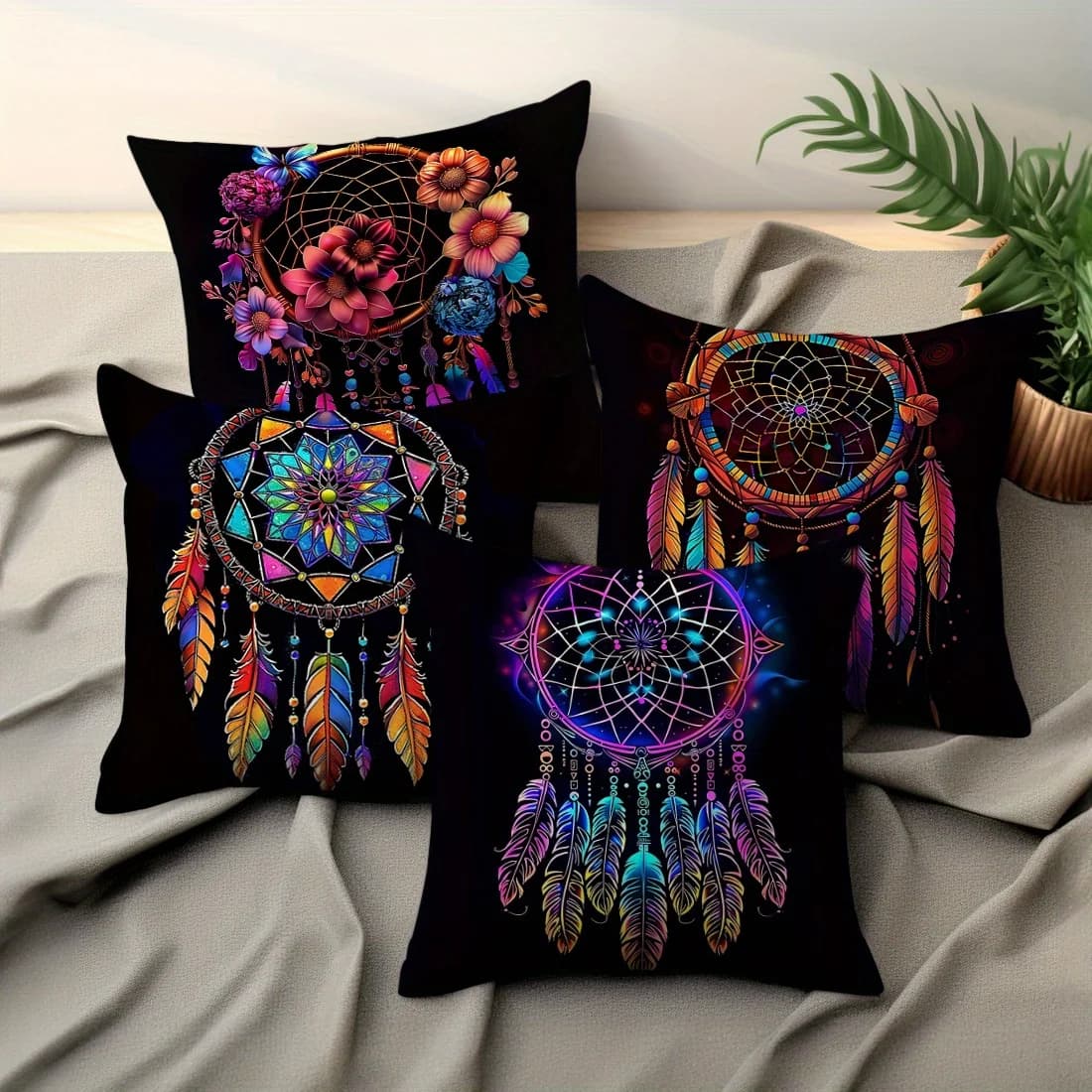 4Pcs Colorful Dreamcatcher Pillow Covers - Peach Velvet Polyester Cushion Covers, Modern Zippered&Machine Washable for All Rooms