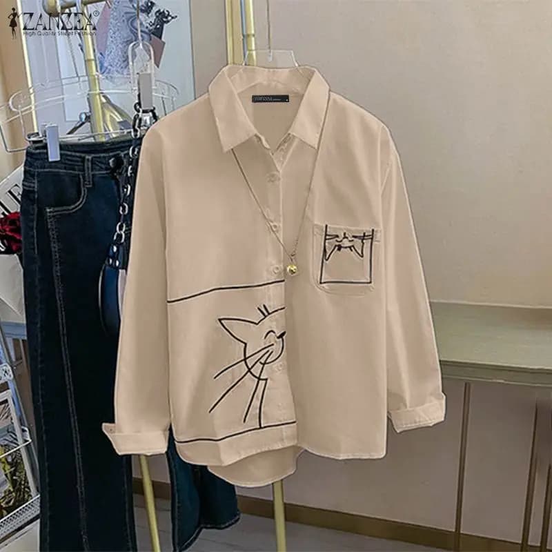 ZANZEA Camicie Moda Donna Manica Lunga Stampa Gatto Blusa Primavera Autunno 2026 Colletto con Bottoni Casual Elegante Larga da Ufficio