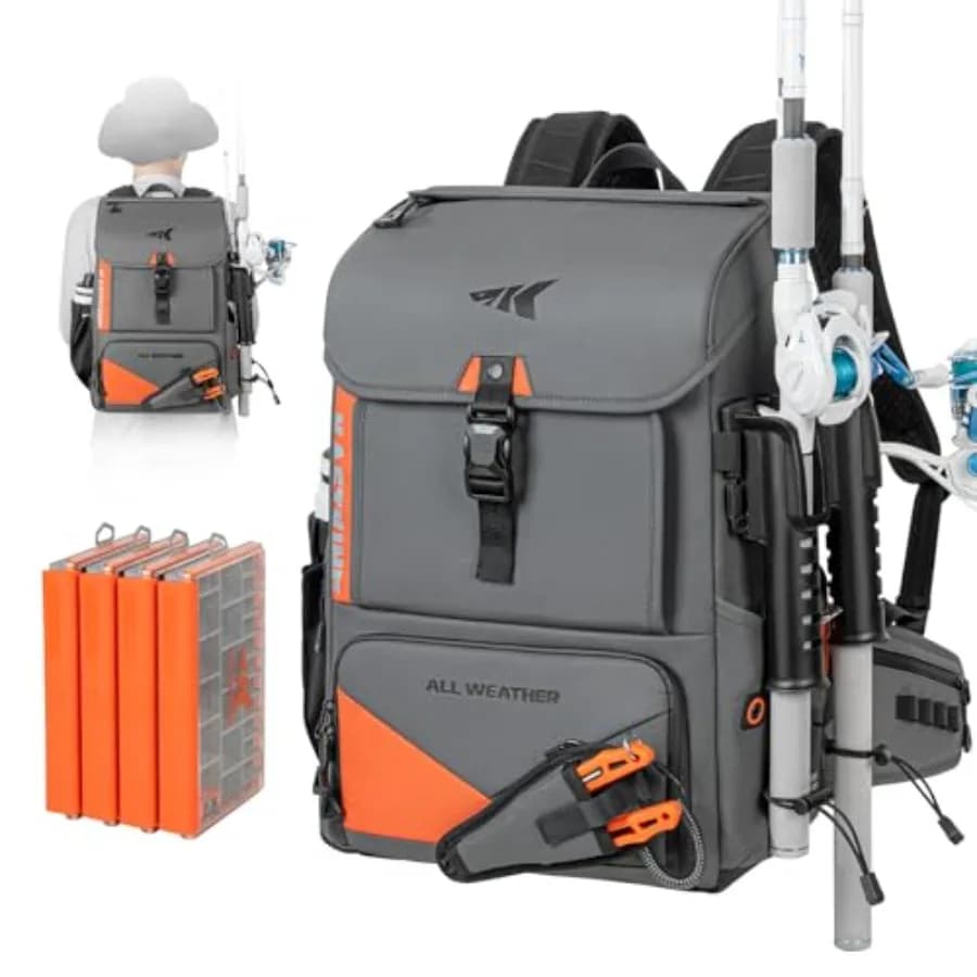 Zaino da Pesca per Tutte le Condizioni Atmosferiche con 4 Scatole Impermeabili e Portacanne Rimovibili, Tessuto Impermeabile ArmorShield
