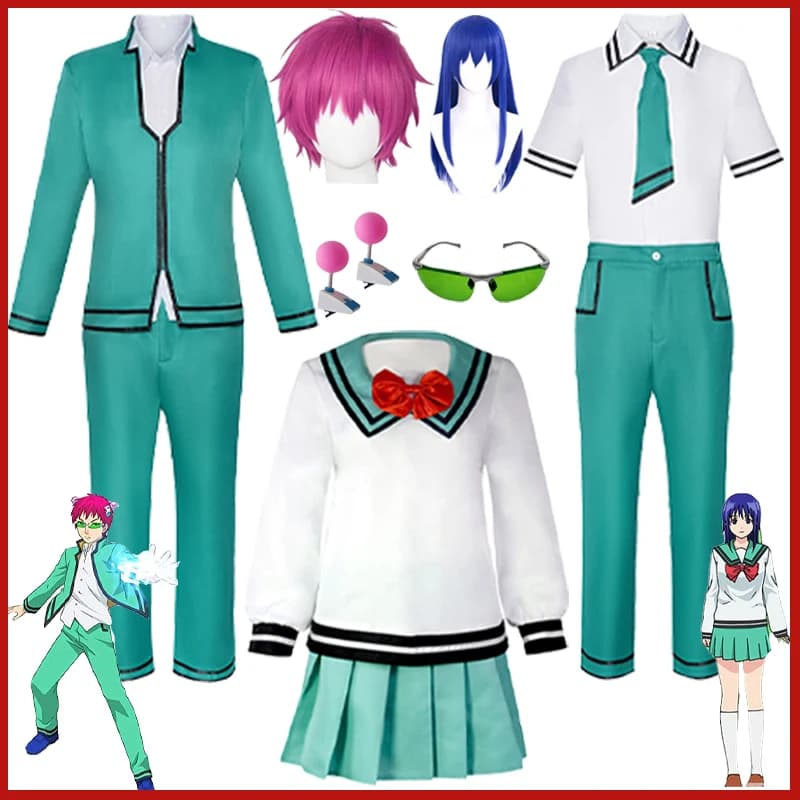 Costume Cosplay Anime The Disastrous Life of Saiki Kusuo No Sai-nan, Gonna Teruhashi Kokomi, Papillon, Parrucca, Uniforme Saiki Kusuo, Occhiali