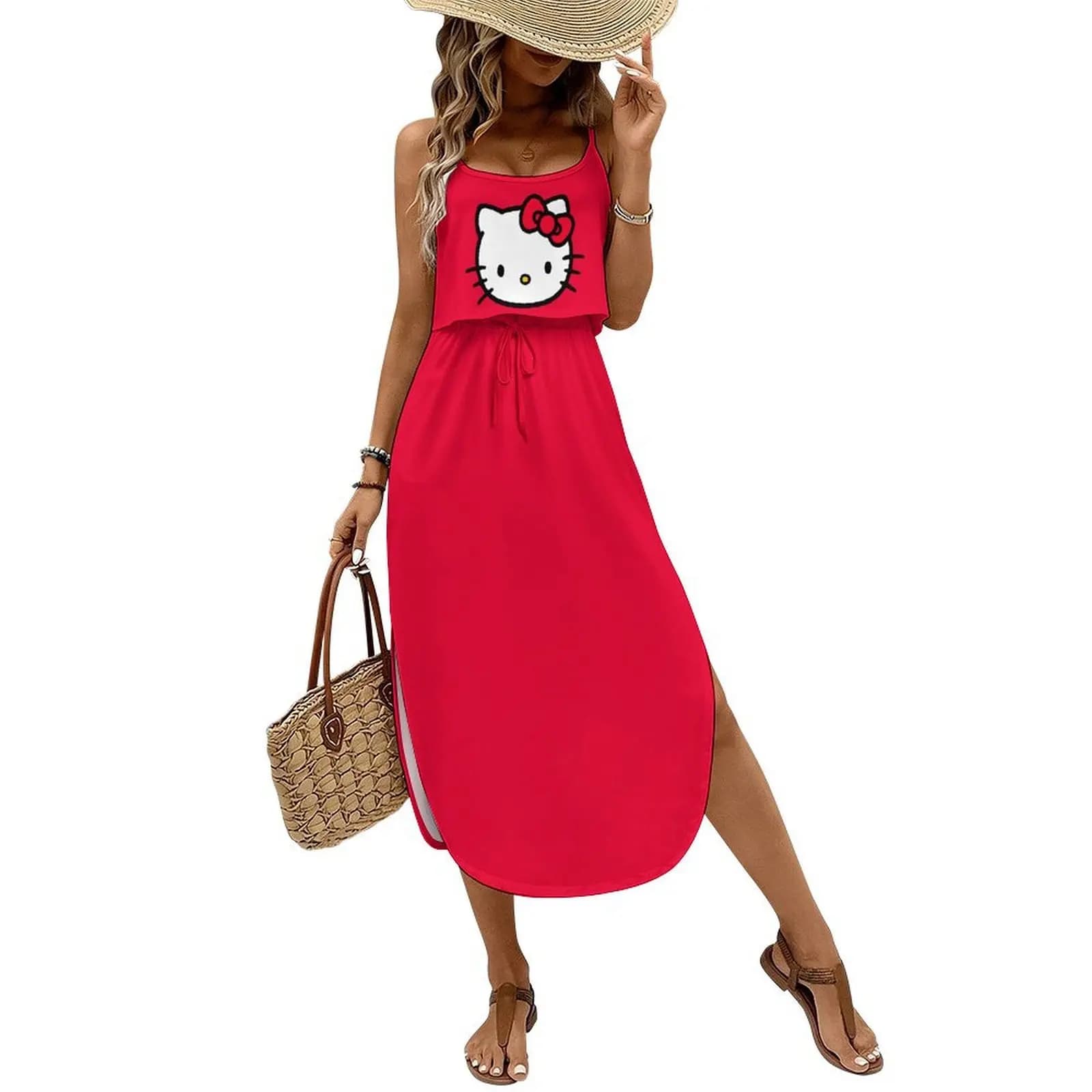 Abito Hello Kitty da donna Sanrio con spalline, vestito lungo con spacco laterale, abito sexy alla moda